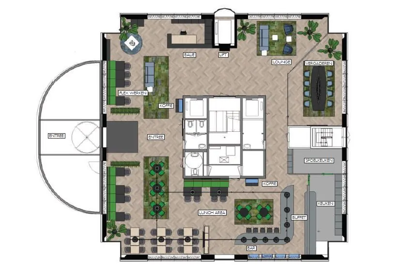 Plattegrond van een modern kantoor in Rivium Quadrant met onder andere werkplekken, lounge, vergaderruimte en lunchruimte.